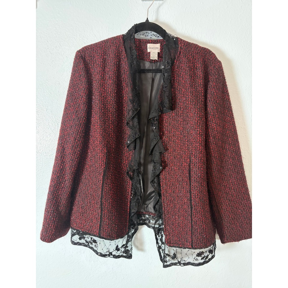 Chicos Tweed Ruffle Lace Sequin Jacket Metallic Open Front 12/14 Old Money